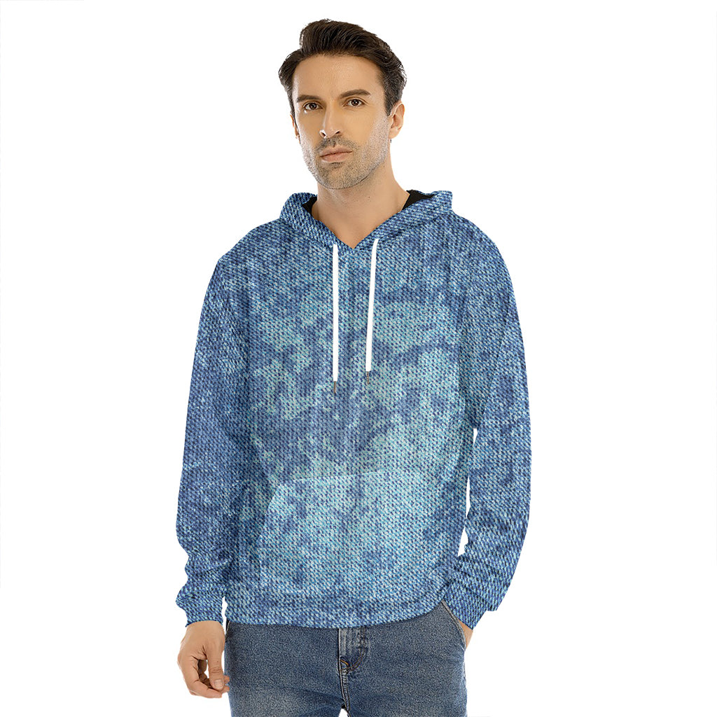 Acid Wash Denim Jeans Pattern Print Men's Velvet Pullover Hoodie