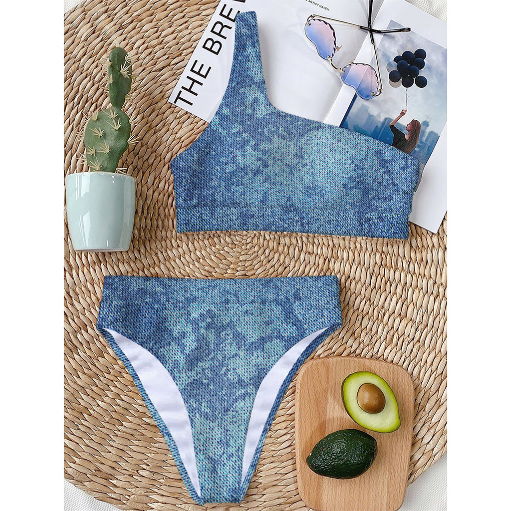 Acid Wash Denim Jeans Pattern Print One Shoulder Bikini Top