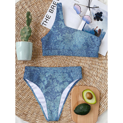 Acid Wash Denim Jeans Pattern Print One Shoulder Bikini Top