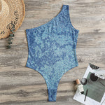 Acid Wash Denim Jeans Pattern Print One Shoulder Bodysuit