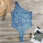 Acid Wash Denim Jeans Pattern Print One Shoulder Bodysuit