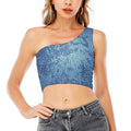 Acid Wash Denim Jeans Pattern Print One Shoulder Crop Top