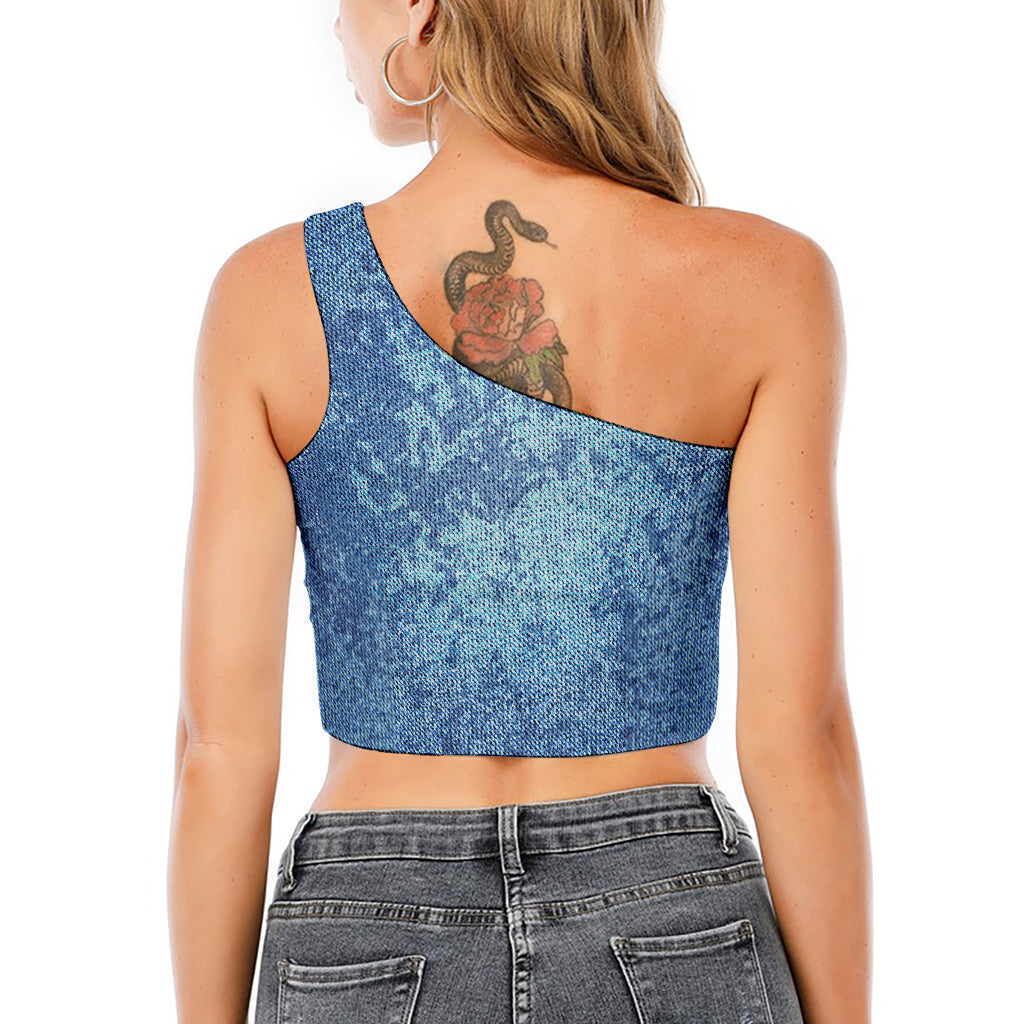 Acid Wash Denim Jeans Pattern Print One Shoulder Crop Top