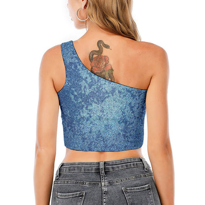 Acid Wash Denim Jeans Pattern Print One Shoulder Crop Top