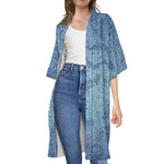Acid Wash Denim Jeans Pattern Print Open Front Beach Cover Up