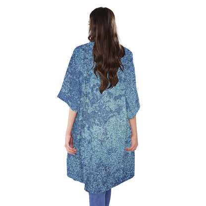 Acid Wash Denim Jeans Pattern Print Open Front Beach Cover Up