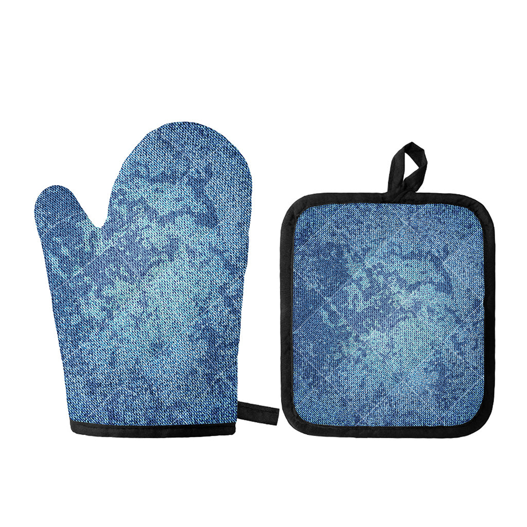 Acid Wash Denim Jeans Pattern Print Oven Mitt And Pot Holder Set