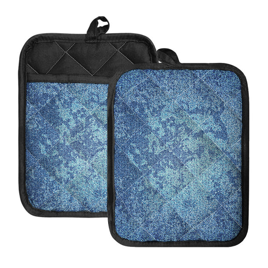 Acid Wash Denim Jeans Pattern Print Pot Holders With Pocket