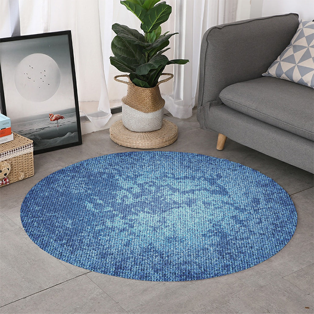 Acid Wash Denim Jeans Pattern Print Round Rug