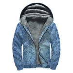 Acid Wash Denim Jeans Pattern Print Sherpa Lined Zip Up Hoodie