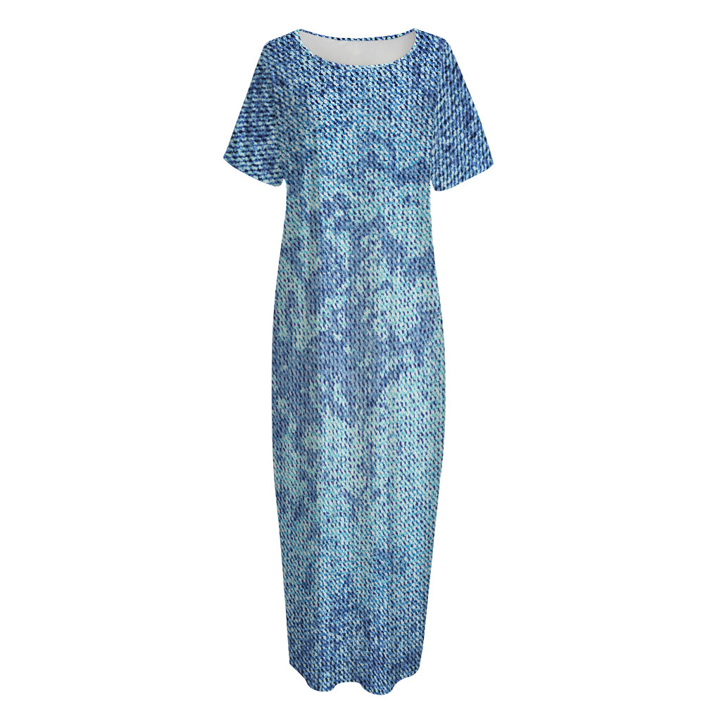 Acid Wash Denim Jeans Pattern Print Short Sleeve Long Nightdress
