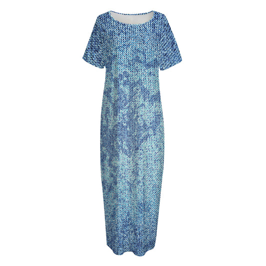 Acid Wash Denim Jeans Pattern Print Short Sleeve Long Nightdress
