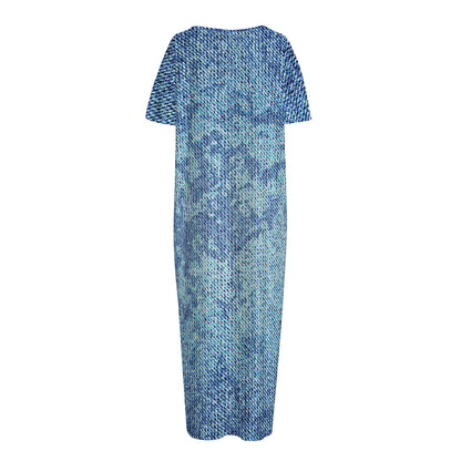 Acid Wash Denim Jeans Pattern Print Short Sleeve Long Nightdress