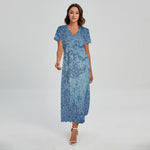 Acid Wash Denim Jeans Pattern Print Short Sleeve Maxi Dress
