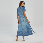Acid Wash Denim Jeans Pattern Print Short Sleeve Maxi Dress