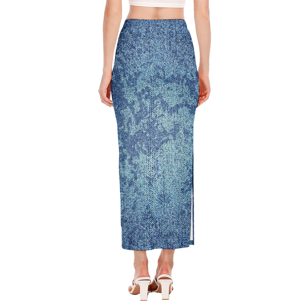 Acid Wash Denim Jeans Pattern Print Side Slit Maxi Skirt