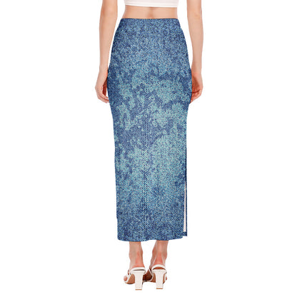 Acid Wash Denim Jeans Pattern Print Side Slit Maxi Skirt