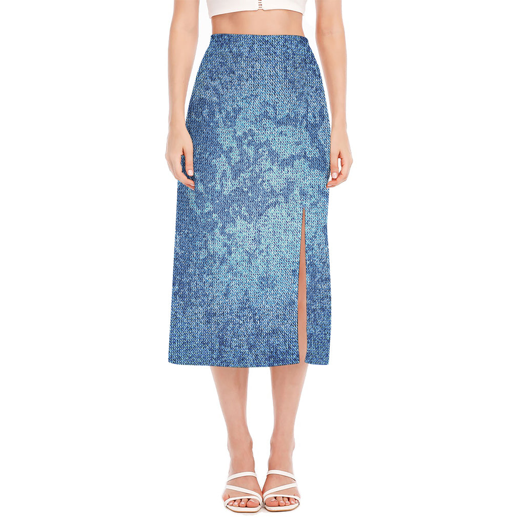 Acid Wash Denim Jeans Pattern Print Side Slit Midi Skirt