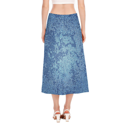 Acid Wash Denim Jeans Pattern Print Side Slit Midi Skirt