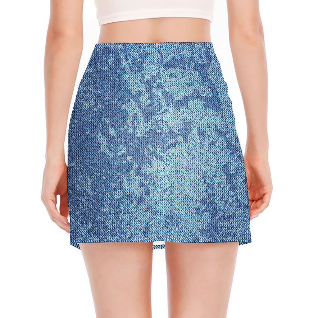 Acid Wash Denim Jeans Pattern Print Side Slit Mini Skirt
