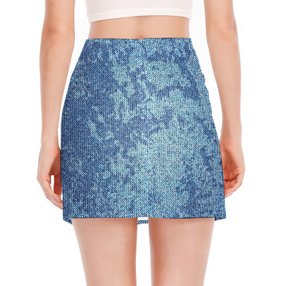 Acid Wash Denim Jeans Pattern Print Side Slit Mini Skirt