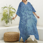 Acid Wash Denim Jeans Pattern Print Silk V-Neck Kaftan Dress