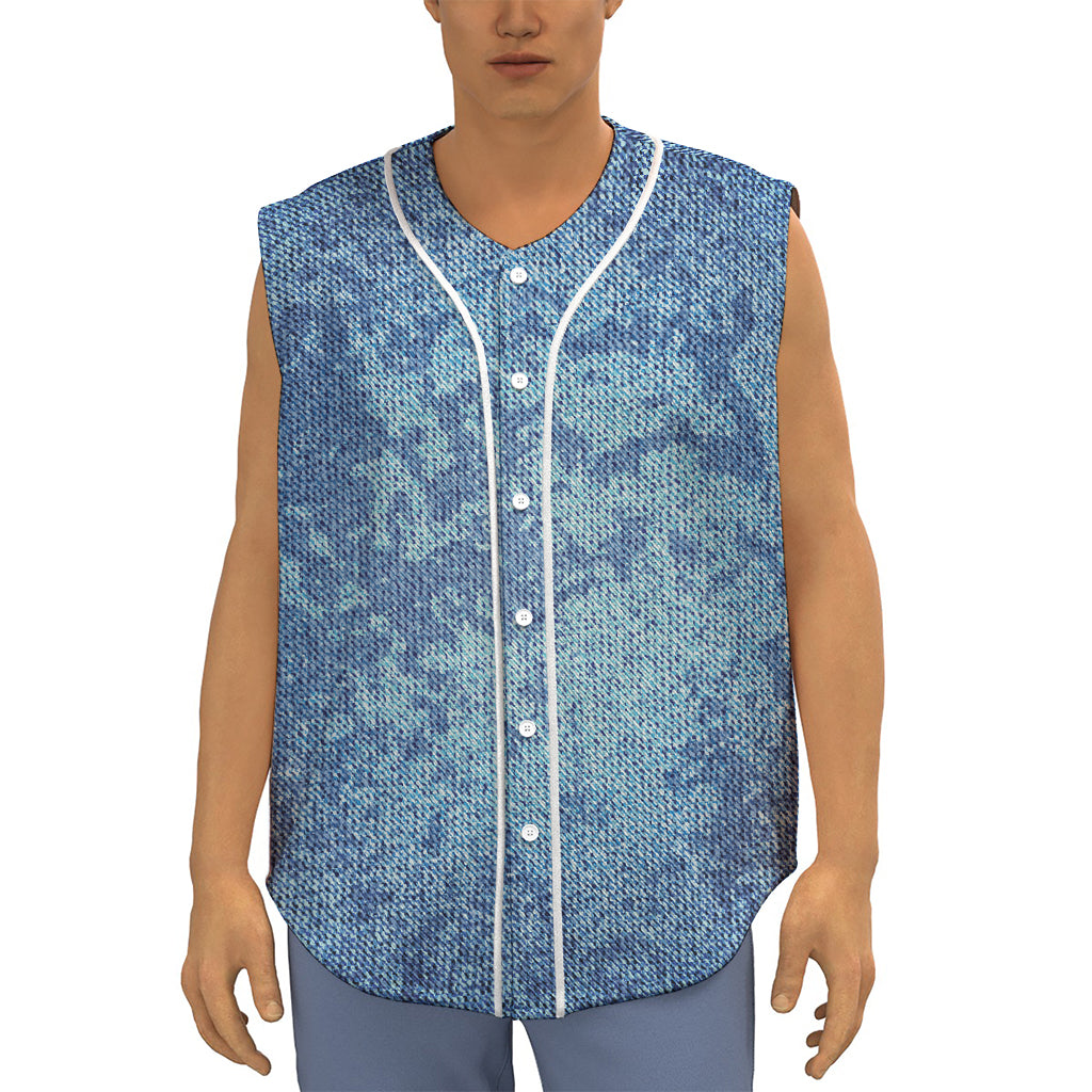 Acid Wash Denim Jeans Pattern Print Sleeveless Baseball Jersey