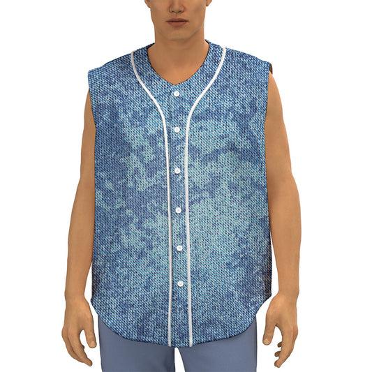 Acid Wash Denim Jeans Pattern Print Sleeveless Baseball Jersey