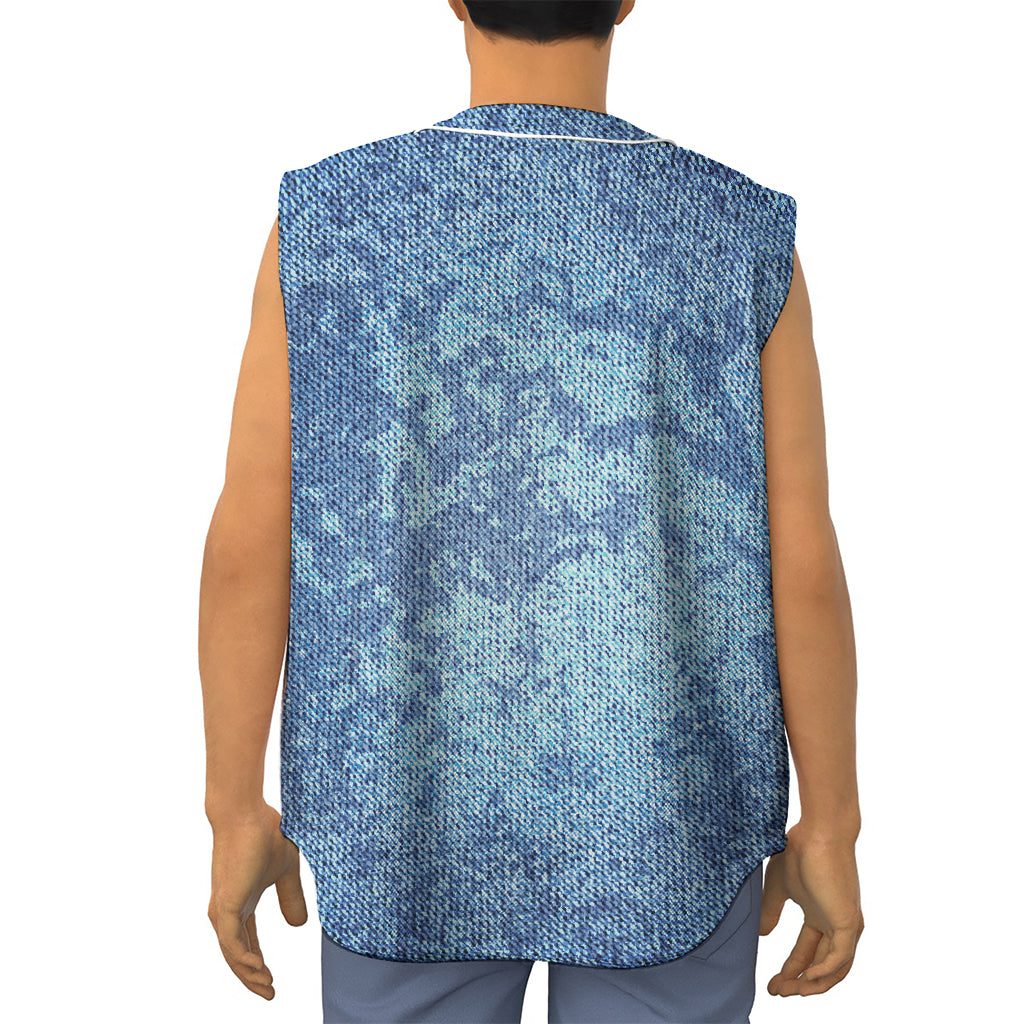 Acid Wash Denim Jeans Pattern Print Sleeveless Baseball Jersey