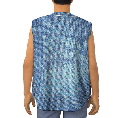 Acid Wash Denim Jeans Pattern Print Sleeveless Baseball Jersey