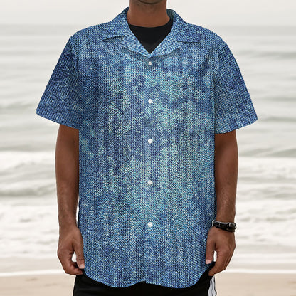 Acid Wash Denim Jeans Pattern Print Textured Short Sleeve Shirt
