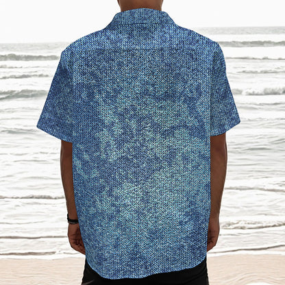 Acid Wash Denim Jeans Pattern Print Textured Short Sleeve Shirt