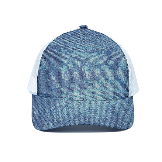 Acid Wash Denim Jeans Pattern Print White Mesh Trucker Cap