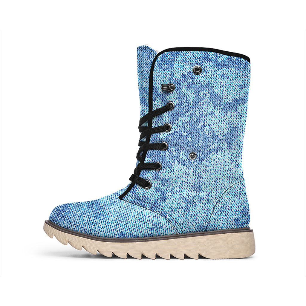 Acid Wash Denim Jeans Pattern Print Winter Boots