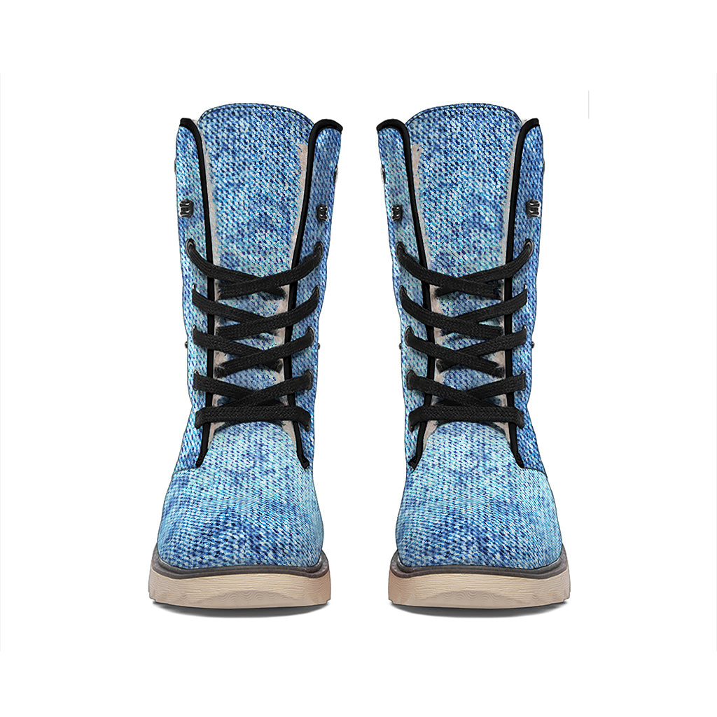 Acid Wash Denim Jeans Pattern Print Winter Boots