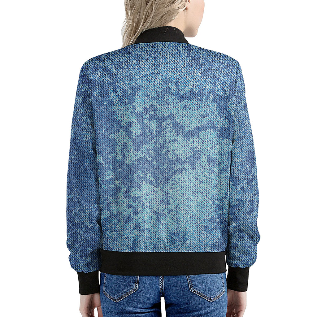 Acid Wash Denim Jeans Pattern Print Women's Bomber Jacket