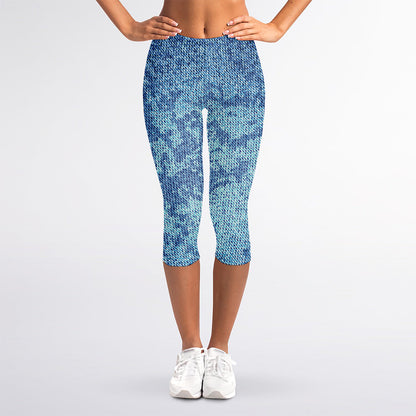 Acid Wash Denim Jeans Pattern Print Women's Capri Leggings