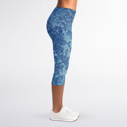 Acid Wash Denim Jeans Pattern Print Women's Capri Leggings