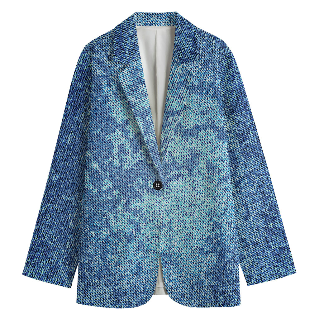 Acid Wash Denim Jeans Pattern Print Women's Cotton Blazer