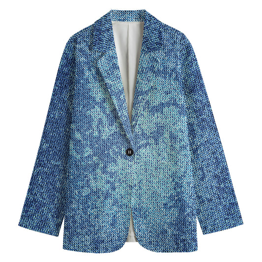 Acid Wash Denim Jeans Pattern Print Women's Cotton Blazer