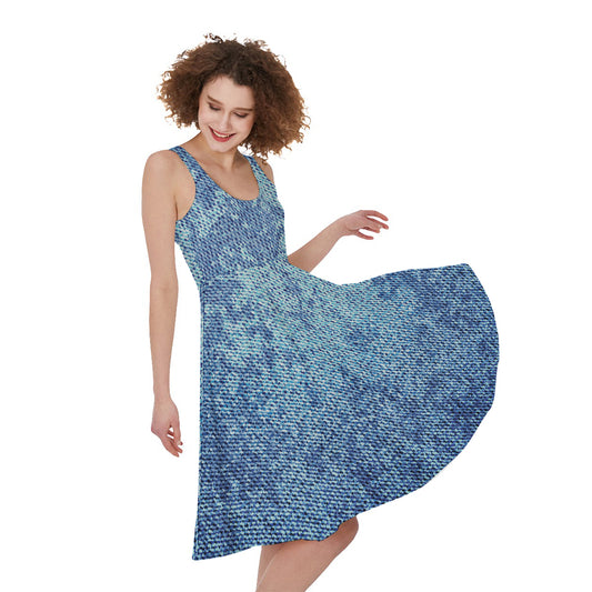 Acid Wash Denim Jeans Pattern Print Women's Sleeveless Dress