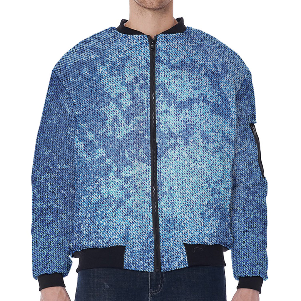 Acid Wash Denim Jeans Pattern Print Zip Sleeve Bomber Jacket