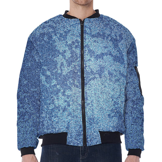 Acid Wash Denim Jeans Pattern Print Zip Sleeve Bomber Jacket