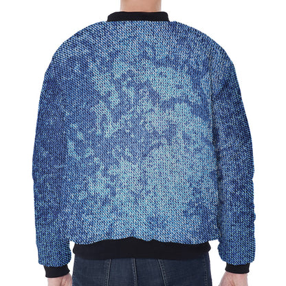 Acid Wash Denim Jeans Pattern Print Zip Sleeve Bomber Jacket