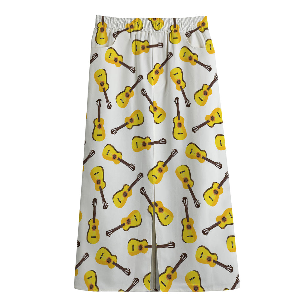 Acoustic Guitar Pattern Print Cotton Front Slit Maxi Skirt