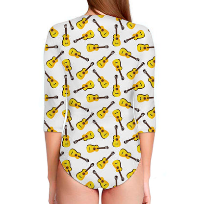 Acoustic Guitar Pattern Print Long Sleeve Swimsuit