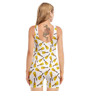 Acoustic Guitar Pattern Print Sleeveless One Piece Swimsuit