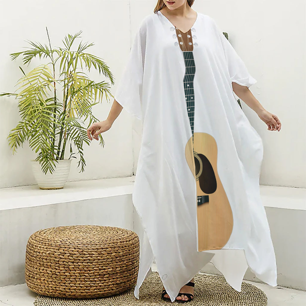 Acoustic Guitar Print Silk V-Neck Kaftan Dress