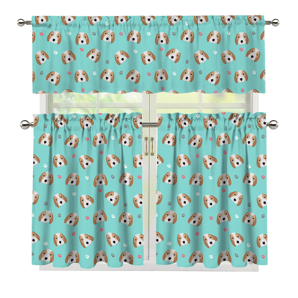Adorable Beagle Puppy Pattern Print 3 Piece Kitchen Curtains