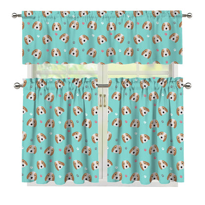 Adorable Beagle Puppy Pattern Print 3 Piece Kitchen Curtains